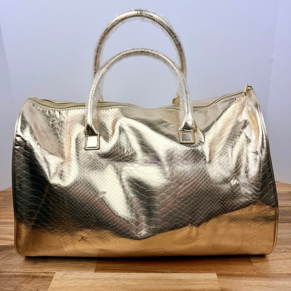 Michael Kors Gold Metallic Snakeskin Embossed Weekender Duffel Travel Bag NWT - Picture 5 of 12